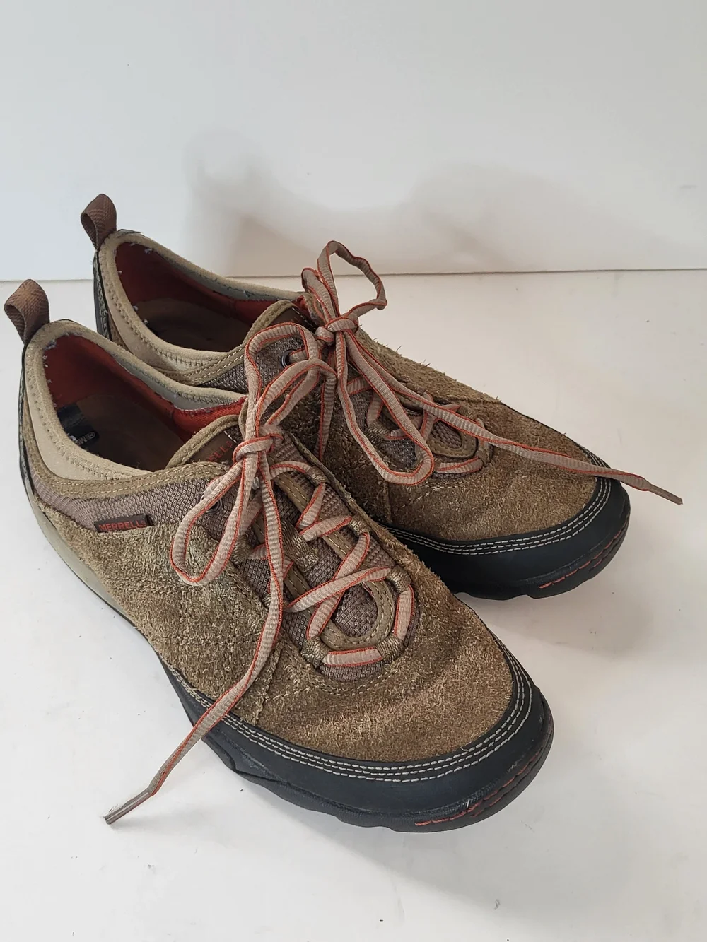 Merrell Women's Brown Suede Lace-Up Trail Loafers with Orange-Trim Laces